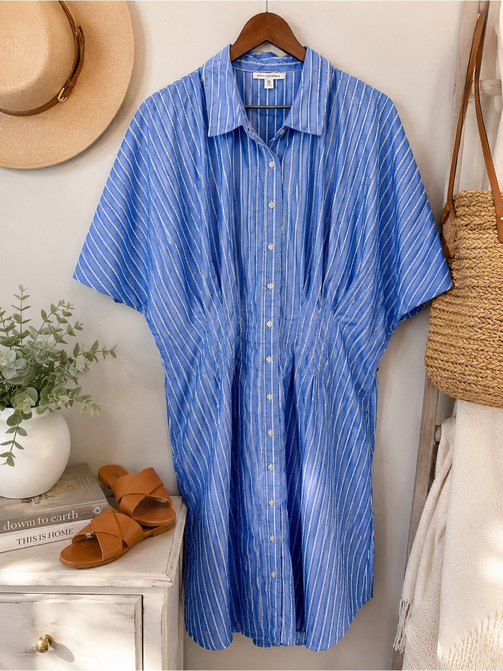 NWT Free Assembly Blue and White Stripe Corset-Style Midi Shirt Dress XXL